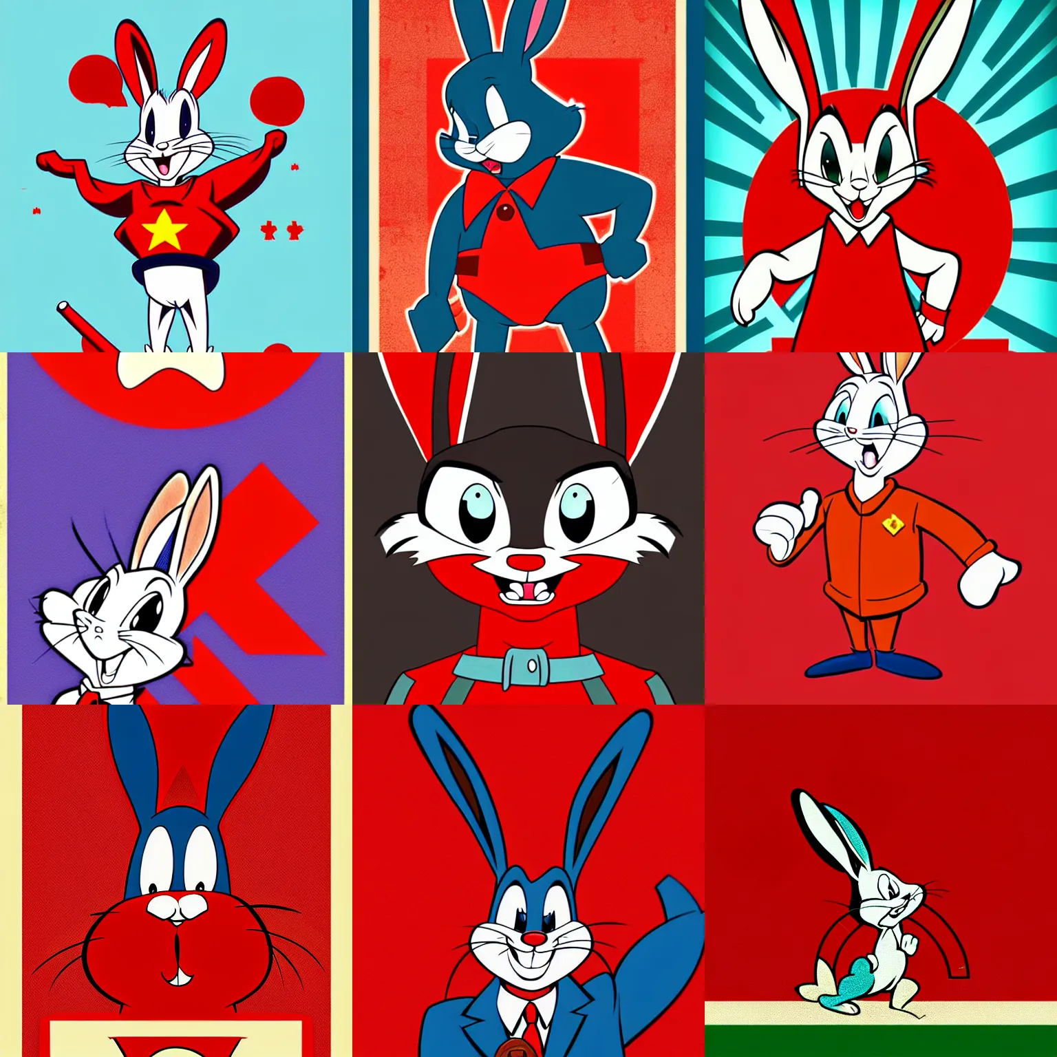 Prompt: picture bugs - bunny is a communist 1 9 6 0 cartoon style looney tunes beautiful, cute, illustration detailed, well done picture high quality, artstation soviet union red color scheme red alert, comminism, hammer and sickle