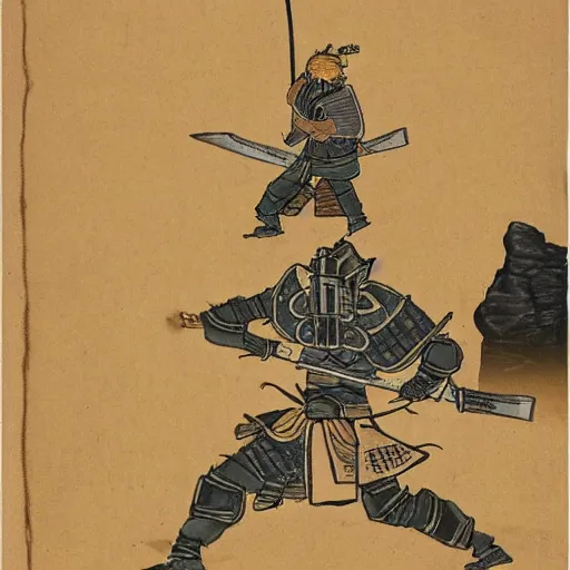 Prompt: an armoured samurai slicing a mountain in two with his katana, detailed, realistic, wide angle