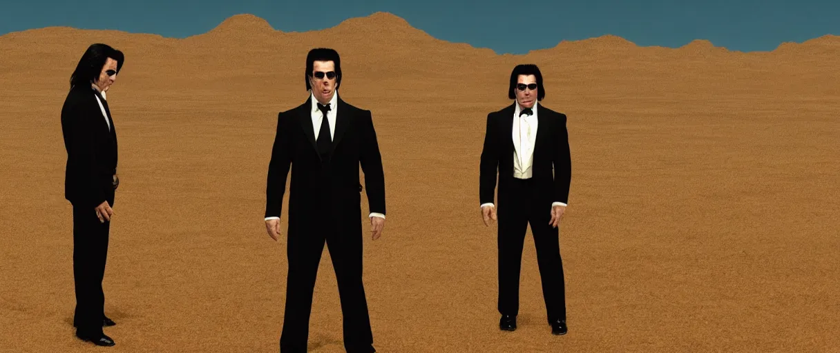 Prompt: john travolta as vincent vega suprised gesture nobody there ghost town tumbleweed bushes on ground shrugging hand at waist level. standing in black suit high noon golden ratio, 4 k, detailed, art by jamie hewlett and greg rutkowsky, trending on artstation, cinematic lighting, filmic grain, golden hour, detailed, 4 k