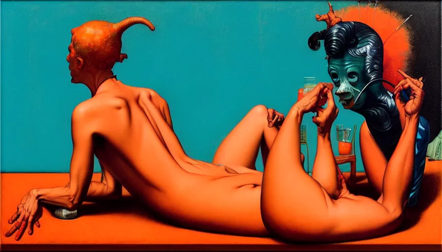 Prompt: miami swim week by francis bacon, surreal, norman rockwell and james jean, greg hildebrandt, and mark brooks, triadic color scheme, by greg rutkowski, syd mead and edward hopper and norman rockwell and beksinski, lingerie, dark surrealism, orange and turquoise