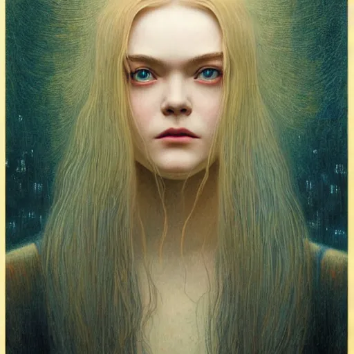 Image similar to professional painting of Elle Fanning in Ghost in the Shell in the style of Jean Delville, head and shoulders portrait, symmetrical facial features, smooth, sharp focus, illustration, intricate, stormy weather, extremely detailed masterpiece,