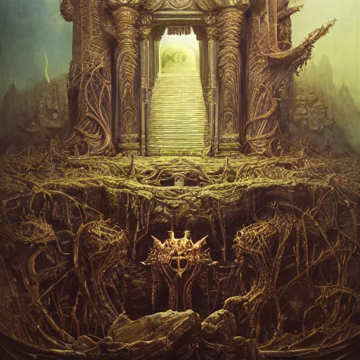 Image similar to the throne of wisdom | highly detailed matte painting, hyperrealistic, very intrincate | cinematic lighting, award - winning | by rachel ruysch, giger, beksinski and bocklin | by austin osman spare and william blake, trending on artstation, cgsociety, official art, octane.