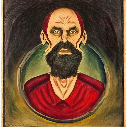 Image similar to portrait of alexander abdulov, with a red eyes, satanic body, head of old man, in blood of sinners, hellish style