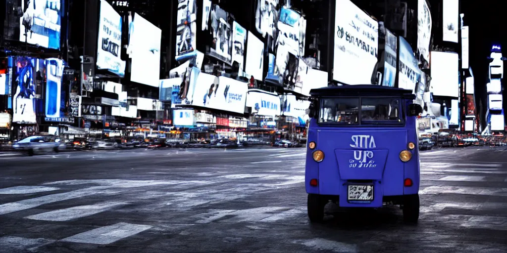 Image similar to a blue and white tuk tuk in Times Square at night, very hazy, cloudy, diffused lighting, moody, dark purple tones, shallow depth of field, 4k