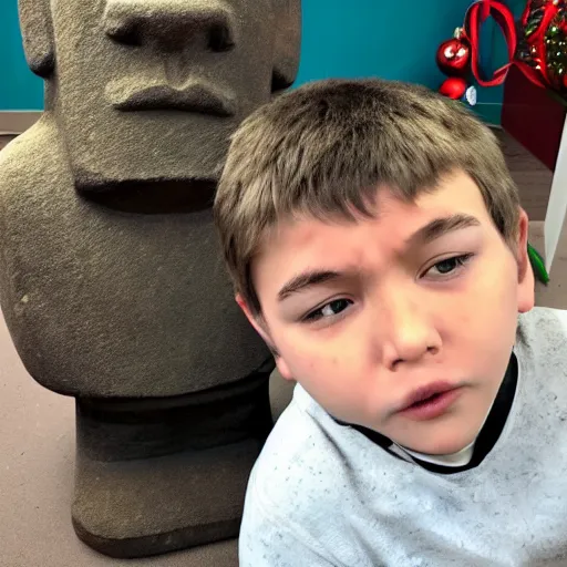 Image similar to a kid with a pouty face looking very dissapointed that his christmas present was a large moai statue with a bow on it | iphone photograph