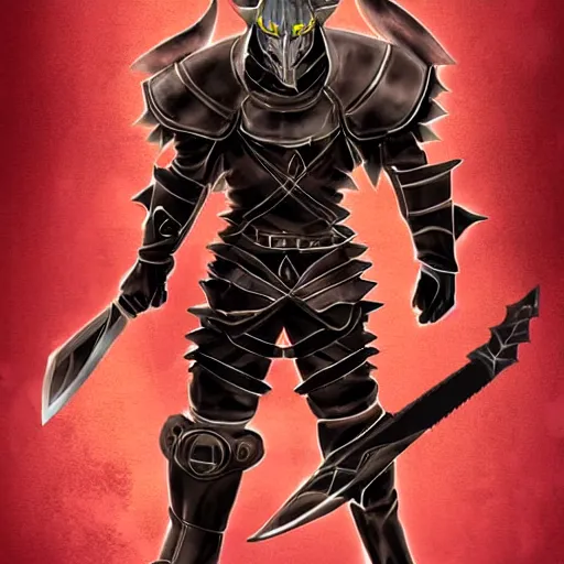 Image similar to Knight with black greatsword and black plate armour, one-eyed, emitting evil red aura, armor merging with body, head turning into half human half wolf hybrid, full body shot, anime blade style art