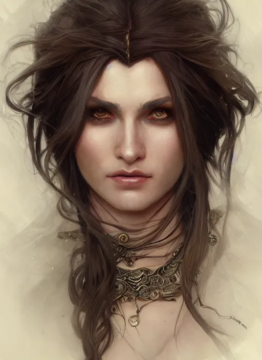 Prompt: close up portrait of a ruggedly handsome female witch, soft hair, half body, leather, d & d, fantasy, intricate, elegant, highly detailed, digital painting, artstation, concept art, smooth, sharp focus, illustration, art by artgerm and greg rutkowski and alphonse mucha