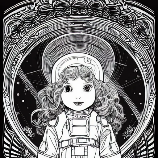 Image similar to clean simple line art of a cute little girl with a short brown wavy curly hair. she is dressed as an astronaut. no background. well composed, clean coloring book page, beautiful detailed face. coloring book line art by artgerm and greg rutkowski and johanna basford and alphonse mucha