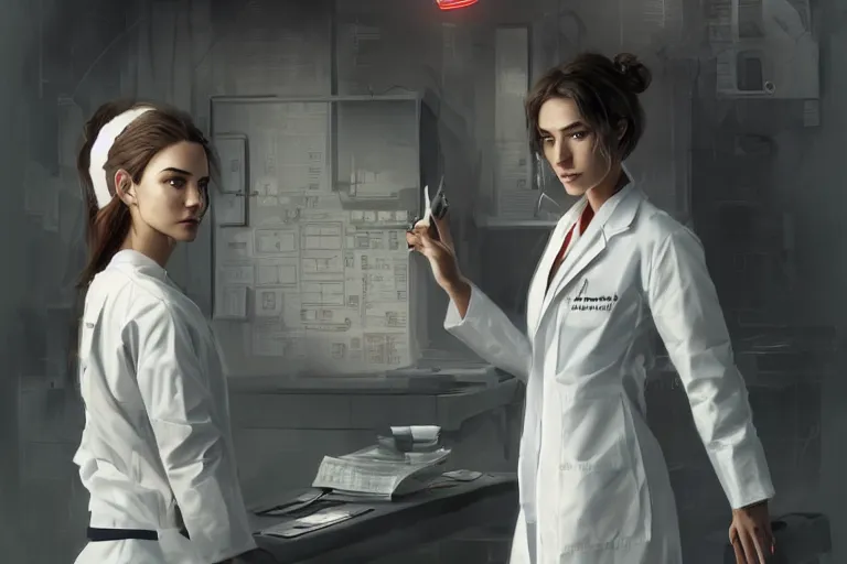 Image similar to a poster of emergency room, an elegant and beautiful female doctor in a white coat, cinematic, highly detailed, digital painting, artstation, concept art, matte, sharp focus, illustration, art by artgerm and greg rutkowski