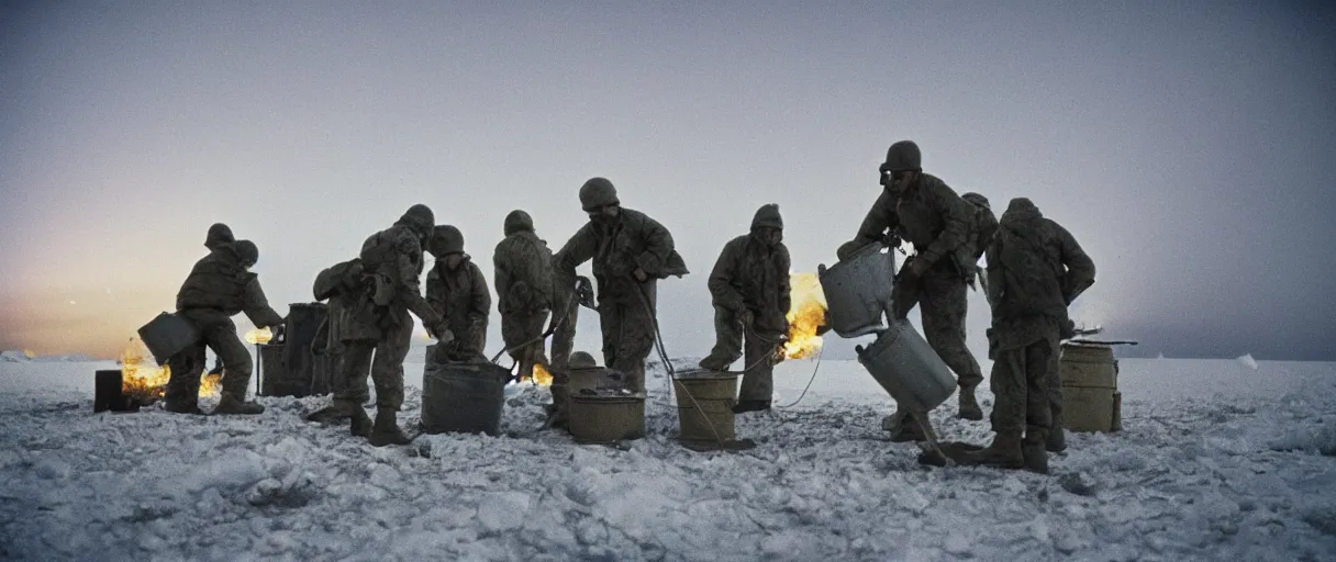 Prompt: a high quality color creepy atmospheric dimly lit closeup film 3 5 mm depth of field photograph of us soldiers pouring cans of gasoline along the perimeter of homes in mcmurdoch station in antarctica in 1 9 8 2 with the aurora borealis in the sky at night