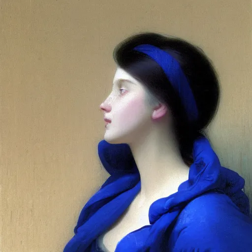 Image similar to a young woman's face, her hair is white and she wears a cobalt blue satin cloak, by ivan aivazovsky and syd mead and moebius and gaston bussiere and roger dean and pieter claesz and paul delaroche and alma tadema and aelbert cuyp and willem claesz, hyperrealistic, volumetric light, octane render