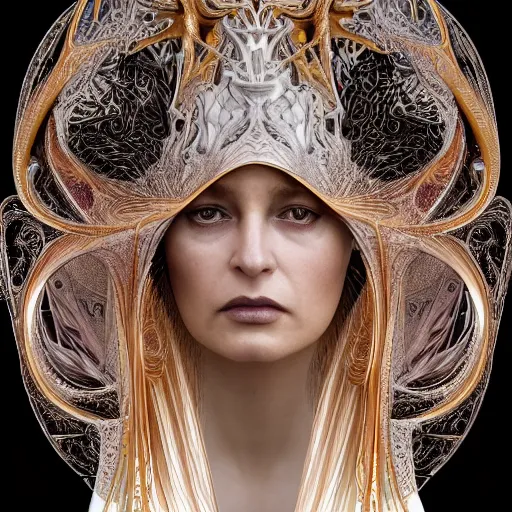 Prompt: high priestess queen of jupiter by iris van herpen, zaha hadid and alphonse mucha. highly detailed, hyper - real, very beautiful, intricate fractal details, very complex, opulent, epic, glowing, trending on deviantart and artstation