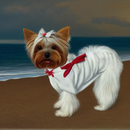 Image similar to a Yorkshire terrier at the beach wearing a bow tie, extremely detailed masterpiece, illustration, by Michael Sowa,