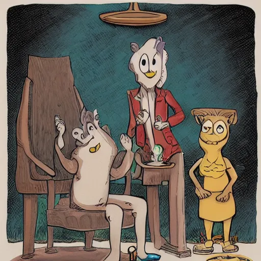 Image similar to a group of cartoon characters standing around a chair, a storybook illustration by tony diterlizzi, deviantart contest winner, gothic art, storybook illustration, official art, tarot card