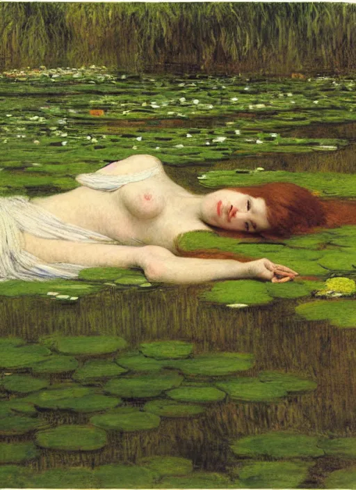 Image similar to lady laying on the river bed amongst the duck weed, underwater shot, submerged, medium shot, on the bed of the river, portrait by john william waterhouse, rosetti, monet, william holman hunt, 8 k