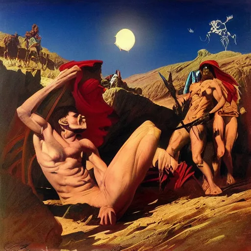 Image similar to journey of Bucolic gaze death wisdom Bedouin under crimson azure diamond sky, in the style of Frank Frazetta, Jeff Easley, Caravaggio, extremely clear and coherent, clear lines, 8K revolution