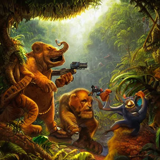Image similar to laser fight in the jungle, oil painting by justin gerard