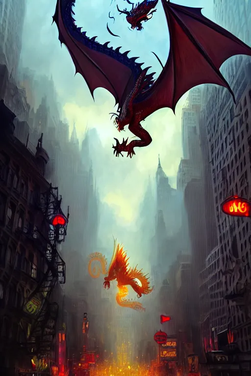 Prompt: a dragon in the middle of new york, fantasy, , sharp focus, intricate, elegant, digital painting, artstation, matte, highly detailed, concept art, illustration, ambient lighting, art by ilya kuvshinov, artgerm, Alphonse mucha, and Greg Rutkowski