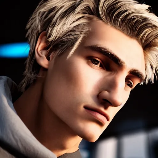 Image similar to a closeup shot of handsome xqc, gigachad, strong jawline, photorealism, 8k