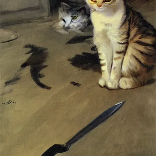 Prompt: a cat with knife, by anders zorn, oil painting