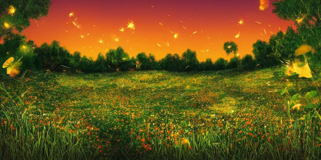 Image similar to a beautiful field of various flowers and fireflies, night, landscape, cozy