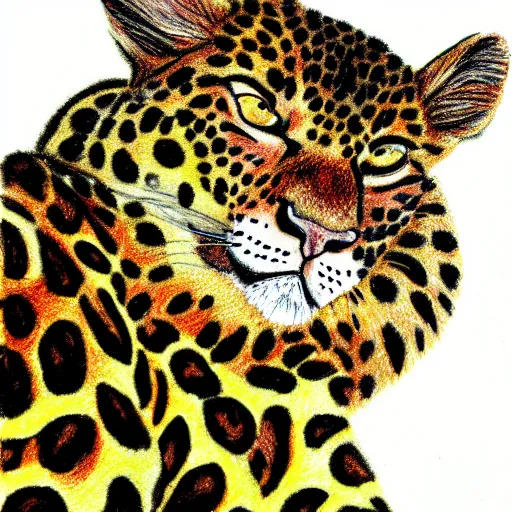 Image similar to colored pencil drawing of a happy leopard