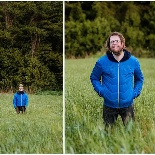 Image similar to steven bonnell ii in a blue jacket walking in a field, portrait photography, sony a 7 siii