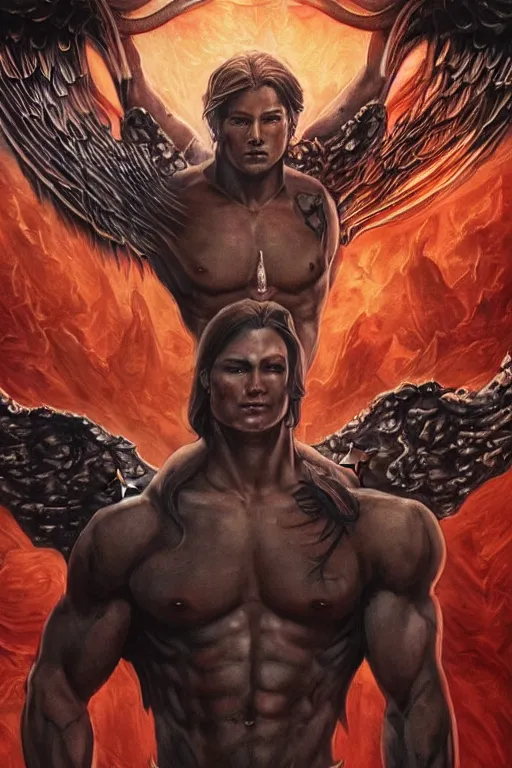 Image similar to muscular Sam Winchester as an angel with religious tattoos on chest and neck, with glowing runes on the body, urban fantasy book cover style, D&D dark fantasy style, sharp focus, ultra detailed, art by Artgerm and Peter Andrew Jones, Karol Bak, Ayami Kojima, Amano and Olivier Ledroit