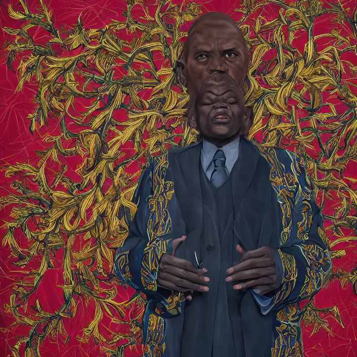 Image similar to a painting of a XXL wise elder from Kenya in a suit by Kehinde Wiley . dramatic angle, ethereal lights, details, smooth, sharp focus, illustration, realistic, cinematic, artstation, award winning, rgb , unreal engine, octane render, cinematic light, macro, depth of field, blur, red light and clouds from the back, highly detailed epic cinematic concept art CG render made in Maya, Blender and Photoshop, octane render, excellent composition, dynamic dramatic cinematic lighting, aesthetic, very inspirational, arthouse.