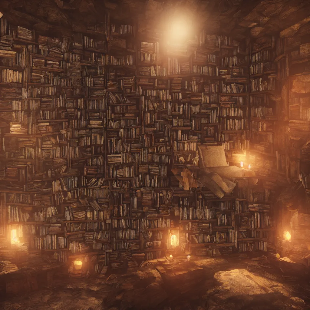Image similar to there are many books and bookshelves in a warm hut, spiral, unreal engine, global illumination, flowers, smoke, detailed and intricate environment, mysterious, comfort, in the style of aetherpunk