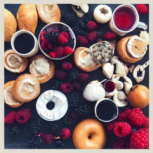 Image similar to “architectural flatlay of berries, crystals, bagels, weeds”