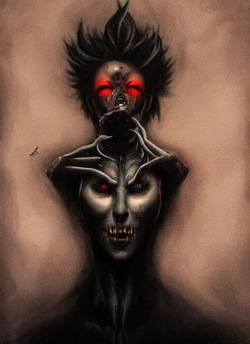 Image similar to dark portrait painting of tracer from overwatch, in style of zdzisław beksinski, scary, horror, overwatch tracer character, detailed face, dressed in dark garment, black tendrils, tall,