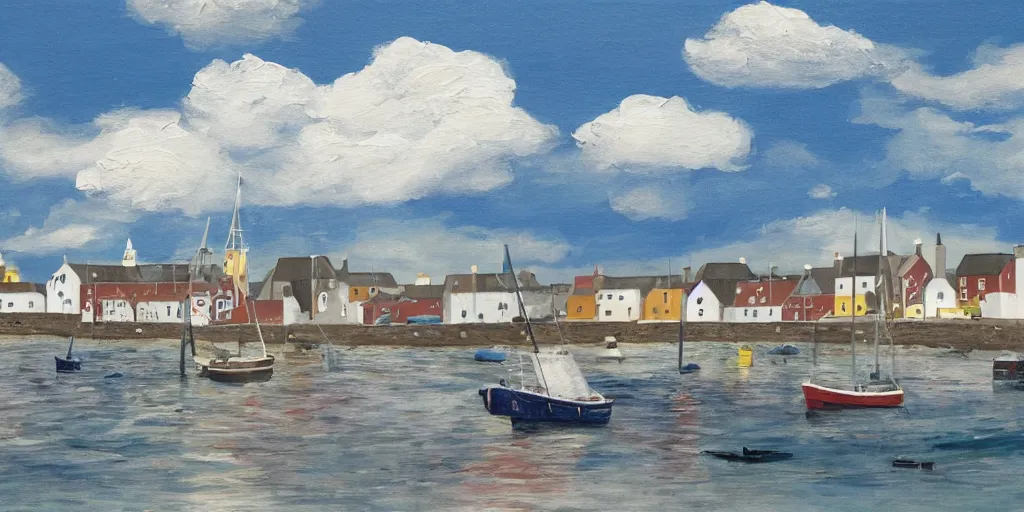 Prompt: a painting of the harbour at Stromness, orkney islands, small houses, boats, sea, stormy clouds, by studio Ghibli