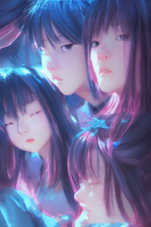 Prompt: 3d infrared octane render concept art by Mo Xiang Tong Xiu, by Igarashi Daisuke, by makoto shinkai, cute beauty cozy portrait anime sad schoolgirls under dark pink and blue tones, mirror room. light rays. deep water bellow. beautiful pretty face. dramatic deep light, trending on artstation, oil painting brush