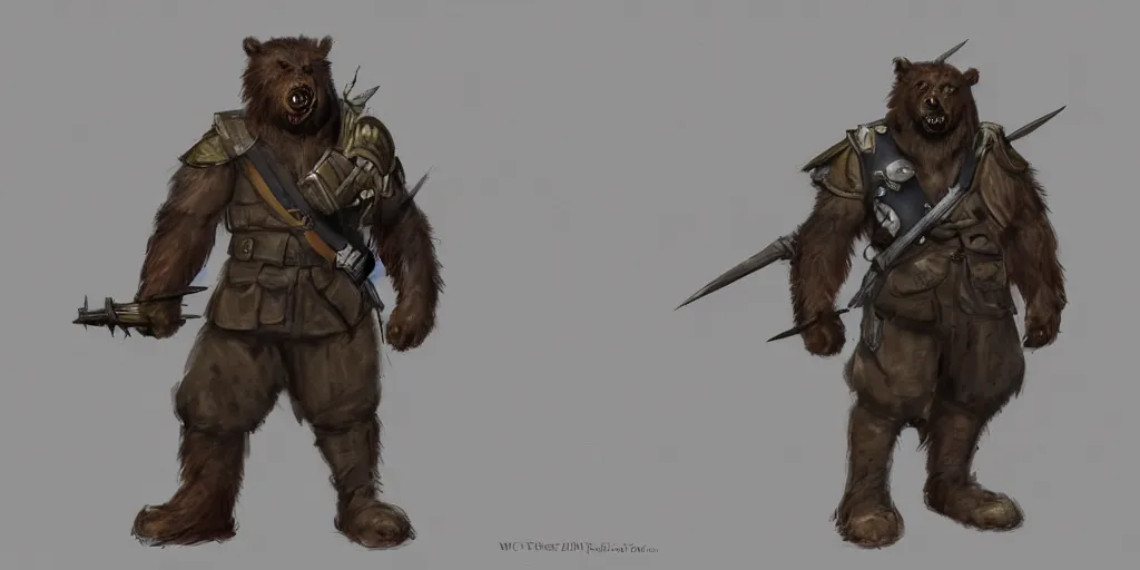 Image similar to concept art of a high fantasy ww1 bear beast-man soldier using a ray gun trending on artstation, detailed high resolution