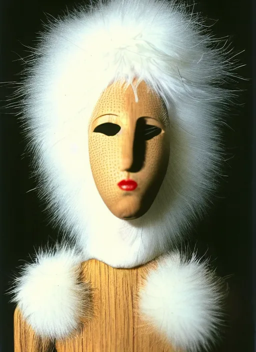 Image similar to realistic photo of a human model doll made of wood and covered with white dots, with a birds beak instead of the nose, white hairs and fluffy fur, center straight composition, front view 2 0 0 0, life magazine photo, museum archival photo