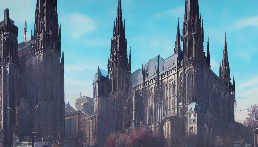 Image similar to neo - gothic berlin with blue doma train station, sunny day, volumetric light, hyperdetailed, artstation, cgsociety, 8 k