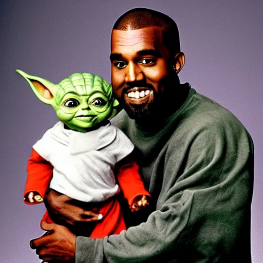 Image similar to kanye west smiling and holding yoda yoda for a 1 9 9 0 s sitcom tv show, studio photograph, portrait