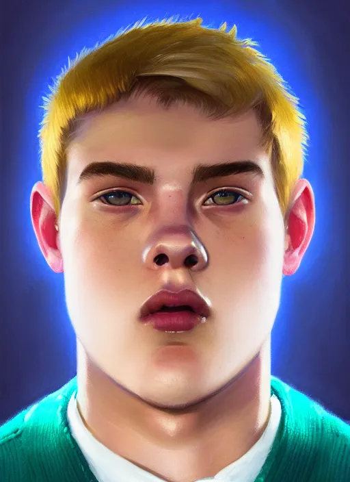 Image similar to portrait of high school senior boy named big moose, blonde short hair, jock, beefy, wide face, square jaw, square facial structure, blue varsity jacket with letter r, intricate, elegant, glowing lights, highly detailed, digital painting, artstation, concept art, sharp focus, illustration, art by wlop, mars ravelo and greg rutkowski