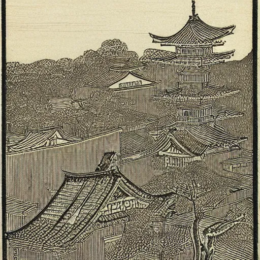 Prompt: a woodcut of Tokyo sky tree in an old Edo village, albrecht durer, etching