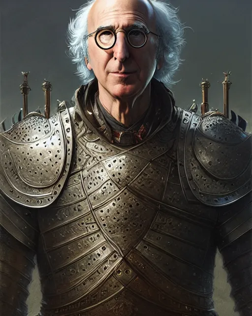 Image similar to larry david in armor, character portrait, portrait, close up, concept art, intricate details, highly detailed by greg rutkowski, michael whelan and gustave dore