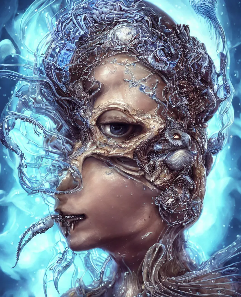 Image similar to close-up macro portrait of the face of a beautiful princess with animal skull mask, epic angle and pose, symmetrical artwork, 3d with depth of field, blurred background, cybernetic jellyfish female face skull phoenix bird, translucent, nautilus, energy flows of water and fire. a highly detailed epic cinematic concept art CG render. made in Maya, Blender and Photoshop, octane render, excellent composition, cinematic dystopian brutalist atmosphere, dynamic dramatic cinematic lighting, aesthetic, very inspirational, arthouse. y Greg Rutkowski, Ilya Kuvshinov, WLOP, Stanley Artgerm Lau, Ruan Jia and Fenghua Zhong