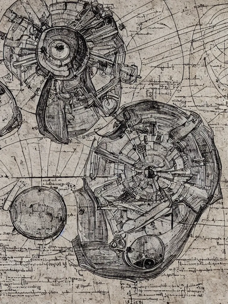 Image similar to Illustrated mechanical diagram of a Apollo Moon Lander on paper by Leonardo da Vinci, hyper realistic, high details, infographic, marginalia