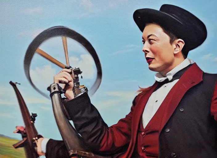 Prompt: oil painting portrait of elon musk in a funny victorian suit firing a musket on a field