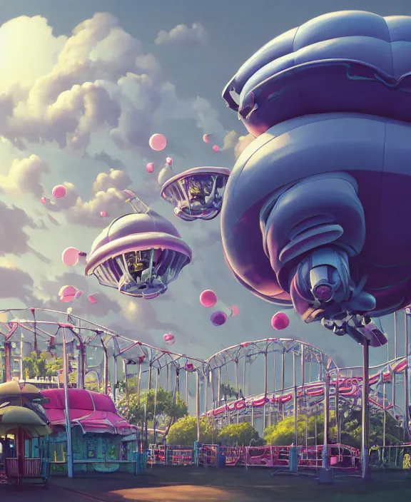 Image similar to a puffy inflated amusement park made out of fat seamless alien isopods, in the style of an aerodynamic obese robot, overgrown with thick orchids, partly cloudy, somber, dramatic lighting, by dan mumford, yusuke murata, makoto shinkai, ross tran, cinematic, unreal engine, cel shaded, featured on artstation, pixiv