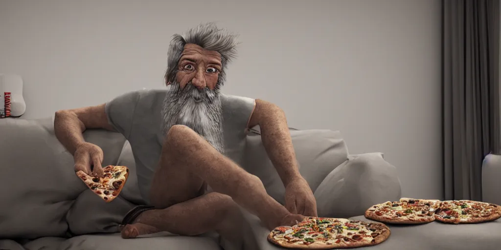 Image similar to old man with a beard and messy hair, sitting on the couch, watching tv . around crashed pop cans and empty pizza boxes. messy apartment. photorealistic, artstation trending. high details. 8k