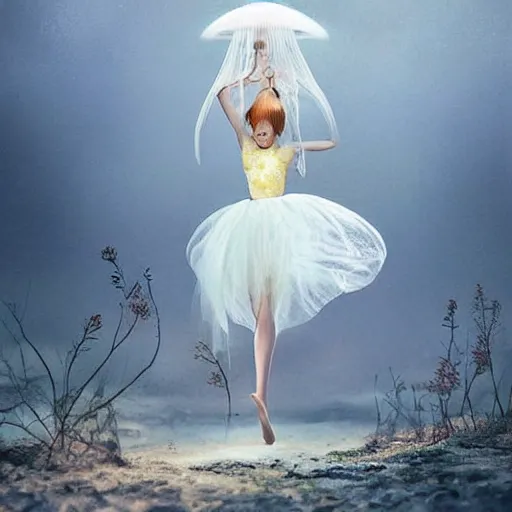 Prompt: a luminous jelly fish armor. soft. fragile. by ray caesar. by louise dahl - wolfe. by andrea kowch. by anna claren. surreal photography