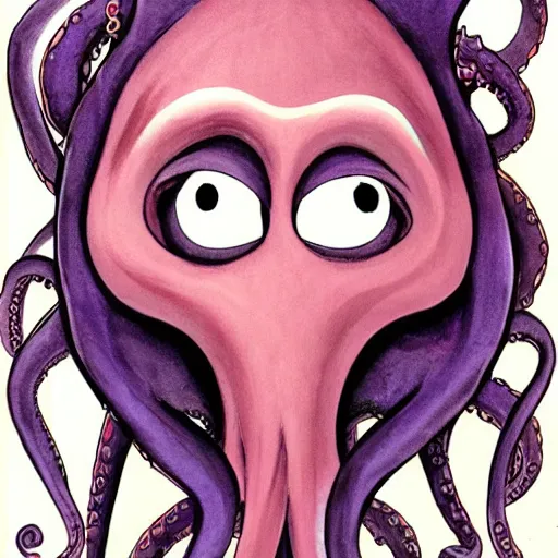 Image similar to a cartoon character of a human - octopus, character - portrait, ursula the sea witch, deviantart, sots art, lovecraftian, grotesque, creepypasta, by glen keane, disney