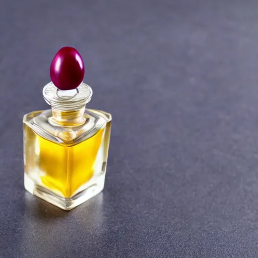 Image similar to a single plum, floating in perfume, served in a mans hat