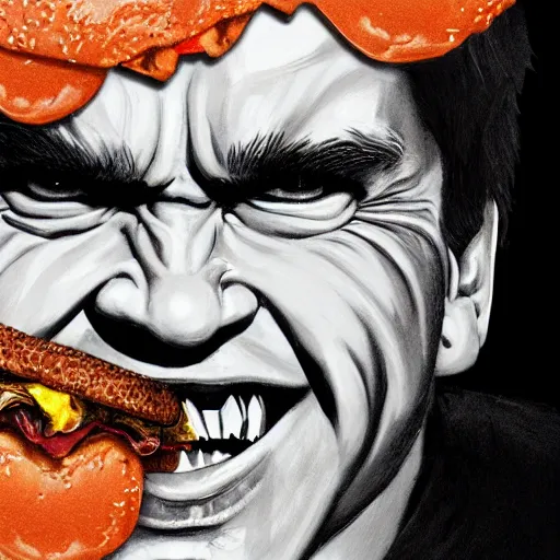 Prompt: highly detailed portrait of Arnold Schwarzenegger eating a burger by Dustin Nguyen, Akihiko Yoshida, Greg Tocchini, Greg Rutkowski, Cliff Chiang, 4k resolution, nier:automata inspired, bravely default inspired, vibrant but dreary orange, black and white color scheme!!! ((Space nebula background))